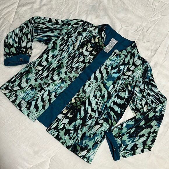 Chico’s Linen & Cotton Abstract Teal Turquoise Jacket 1 (8) - Picture 1 of 8